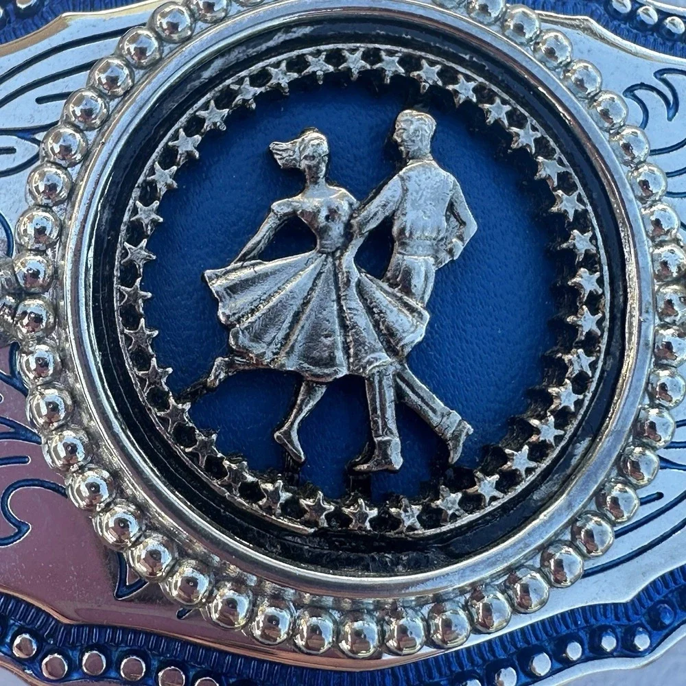 VTG Square Dancing Belt Buckle And Leather Black Belt Silver toned‎ And Blue USA